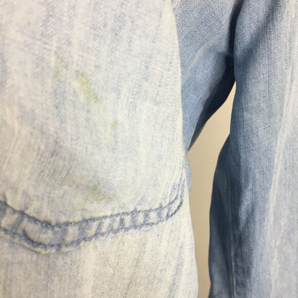 CLOTH & STONE Anthropologie Blue High Low Fringe Hem Chambray Button Shirt Dress - Picture 13 of 16